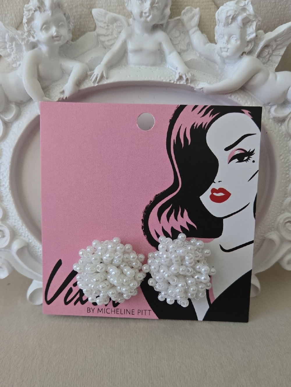 Vixen by Micheline Pitt White Pearl Cluster Stud Earrings, Retired, NWT - Picture 3 of 6